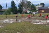Kondisi lapangan olahraga Desa Tugujaya, Kecamatan Cigombong, Bogor, yang tergenang air dan becek usai pembangunan senilai Rp 371 juta. Warga menilai proyek dikerjakan asal-asalan./Dok.kanniadvokasi.id