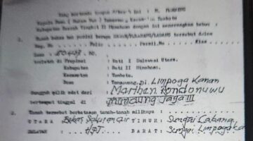 Dokumen surat keterangan tanah atas nama Marthan Rondonuwu yang diduga palsu karena mencantumkan istilah 