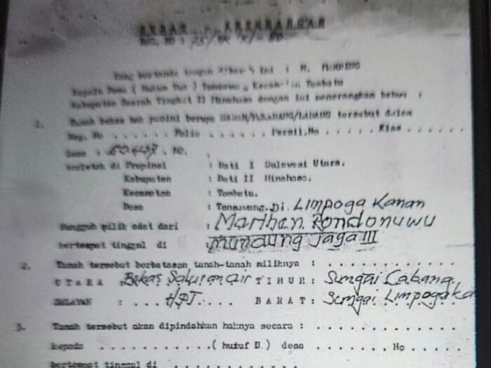 Dokumen surat keterangan tanah atas nama Marthan Rondonuwu yang diduga palsu karena mencantumkan istilah 